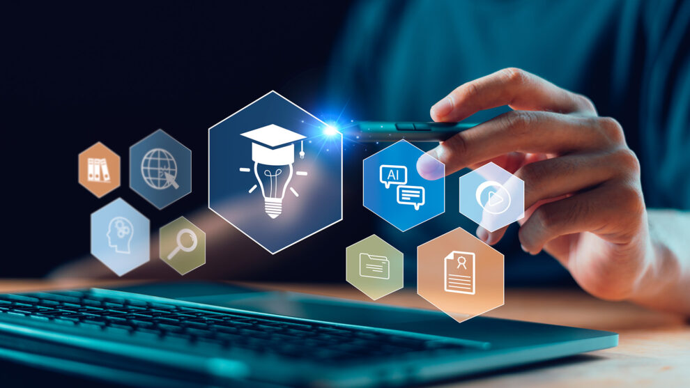 Modern digital education concept with virtual interface, AI tools, online courses, certification icons, and multimedia learning resources, ideal for e-learning, training platforms, academic systems